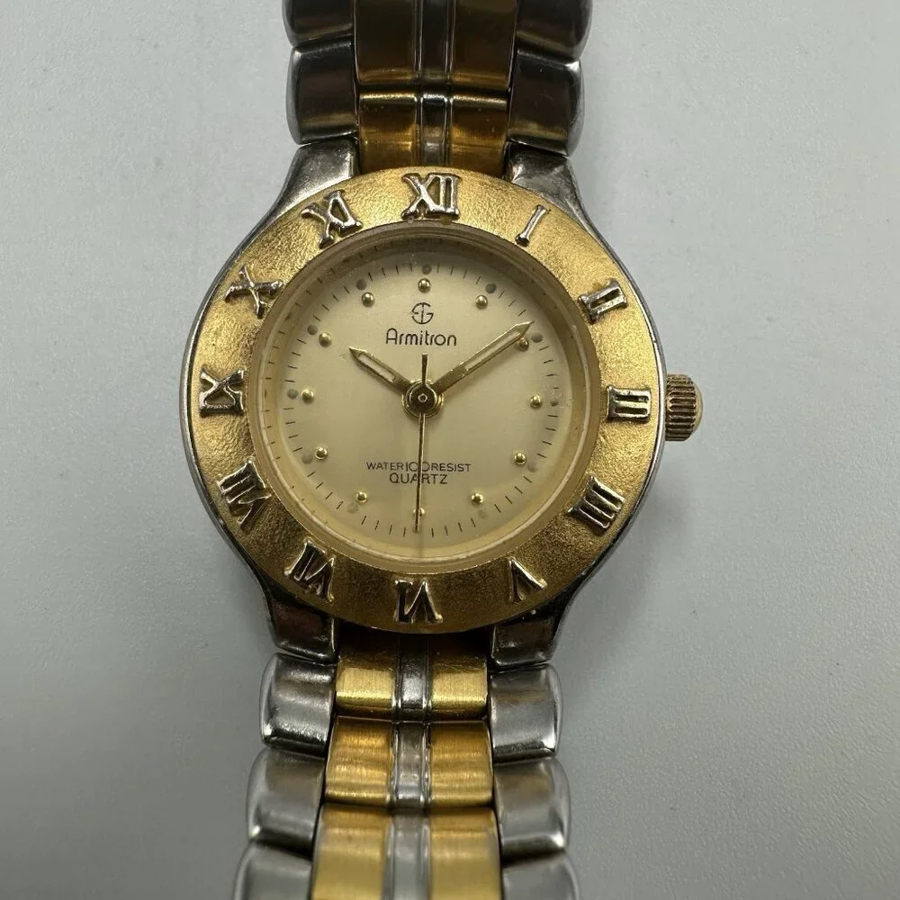 3/$30 Armitron Watch Women Two Tone Gold Silver Round Dial Roman Numerals